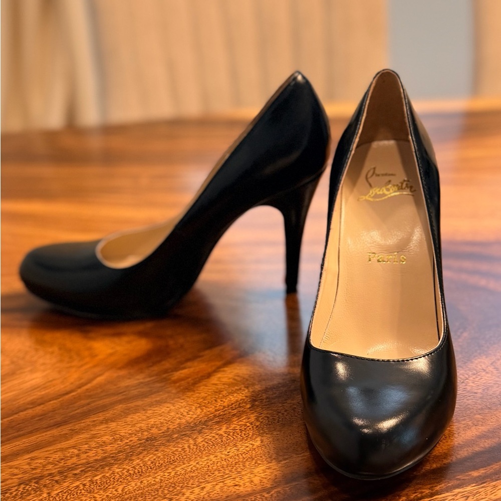 CHRISTIAN LOUBOUTIN Kid Simple 100 Black Kidskin Leather Pumps SZ39 / 8 1/2 4”H - Picture 5 of 13